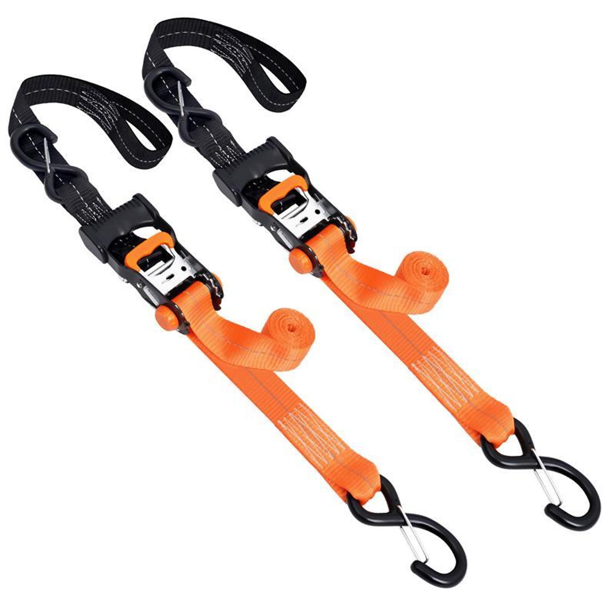 Everest Powersport Ratchet Tie-Down with S-Hooks — 1.5in. x 6.5ft., 1100-Lb. WLL, Reflective Webbing, Safety Clips, Orange and Black, 2 Pk, Model# S1565-S